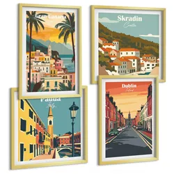 BILDER SET 4er Set - 50x50 cm & 40x60 cm Goldrahmen - Stadt- und Naturlandschaften