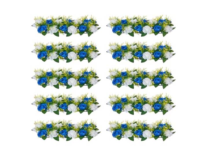 VEVOR Composition Florale Artificielle Linéaire\, Lot de 10\, Fleurs Artificielles avec Roses Bleues et Blanches\, pour Centre de Table\, Mariage\, Fête\, Saint-Valentin\, Décoration d'Intérieur\, 50x22x12 cm