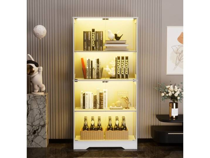 Vitrine Armoire VIVRYN LED 3 Couleurs Capteur De Mouvement MDF Et Verre 80 x 35 x 165 cm Blanc