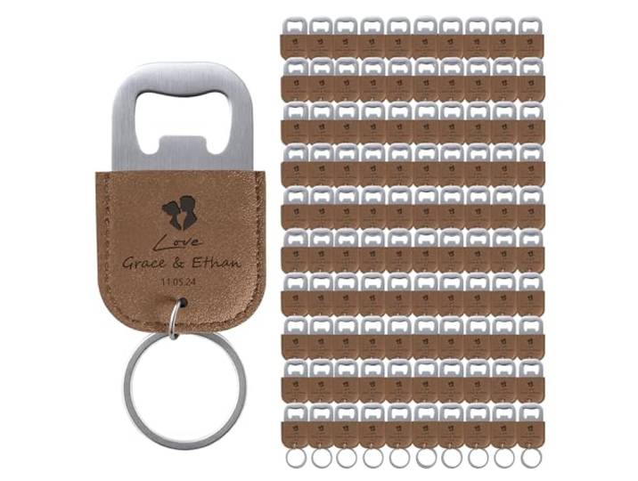100 Stück Personalisierte Flaschenöffner Schlüsselanhänger mit Gravur - Hochzeitsgeschenke für Gäste aus PU-Leder in Khaki Bieröffner & Brautgeschenke mit Lasergravur