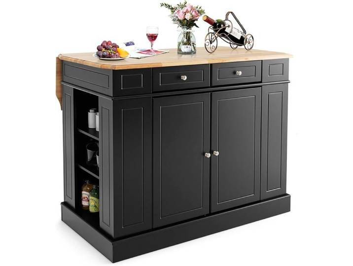 GOPLUS Buffet de Cuisine avec Plateau Extensible Pliable-Placard à 2 Portes et 2 Tiroirs 120x91x92CM-Compartiments Latéraux Noir