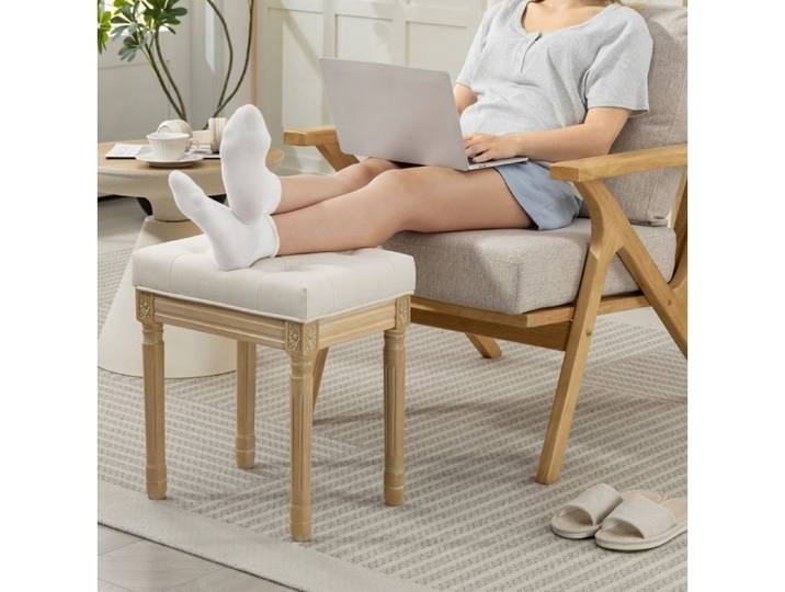 Tabouret rembourré 120 kg avec pieds en bois - assise capitonnée polyester beige