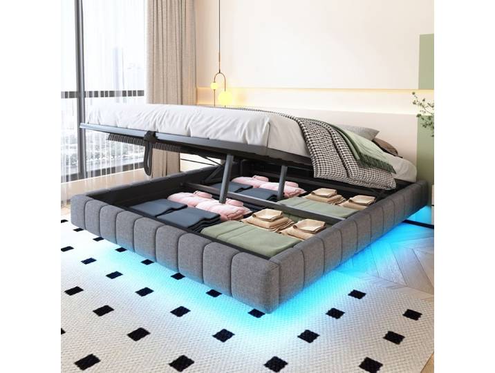 Lit coffre capitonné 160x200 gris – sommier suspendu hydraulique LED intégrée sans matelas