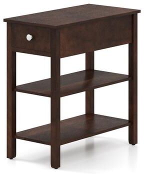 Costway 3-Tier Narrow End Table with Drawer and Storage Shelves-Walnut