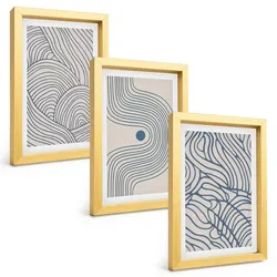 BILDER SET 3er Set - 20x30 cm Goldrahmen - Abstrakte Linien, Wellenformen