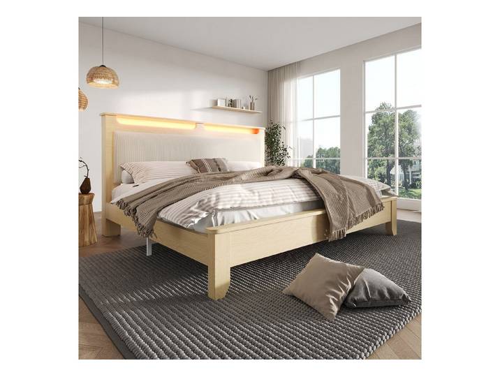 autolock Holzbett Bettgestell Doppelbett Bettrahmen mit Cordpolster-Rückenlehne (180 × 200 cm), Bettgestell Kopfteil mit Stauraum