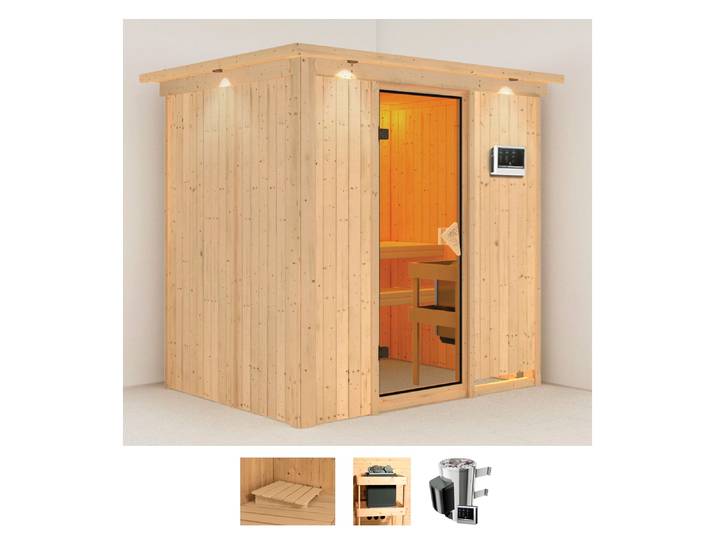 Sauna KARIBU Finja , beige (naturbelassen), Saunaofen, externe Steuerung, 3,6 kW, Saunen, Sauna, Ofen 3,6 kW externe Strg.easy
