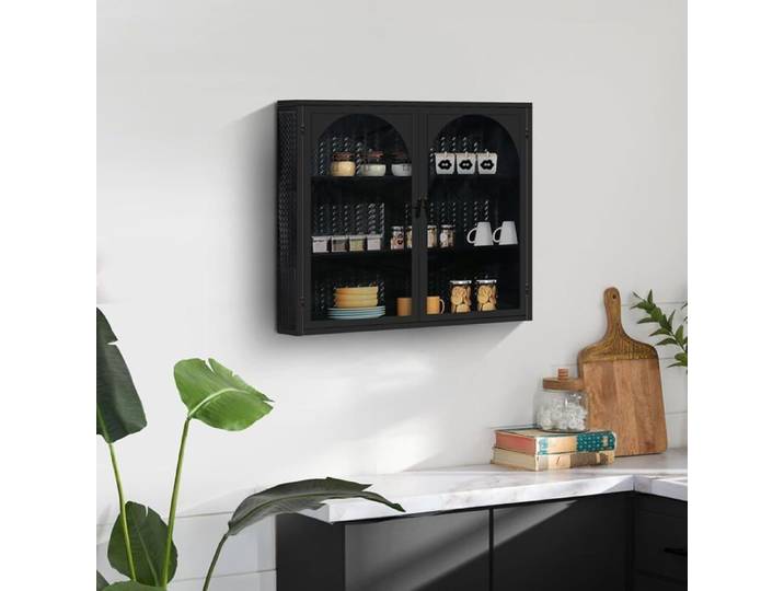 Vitrine suspendue en verre - Étagère suspendue - 2 portes en verre - Pour salle à manger cuisine salle de bain -Noir-70x23x60cm