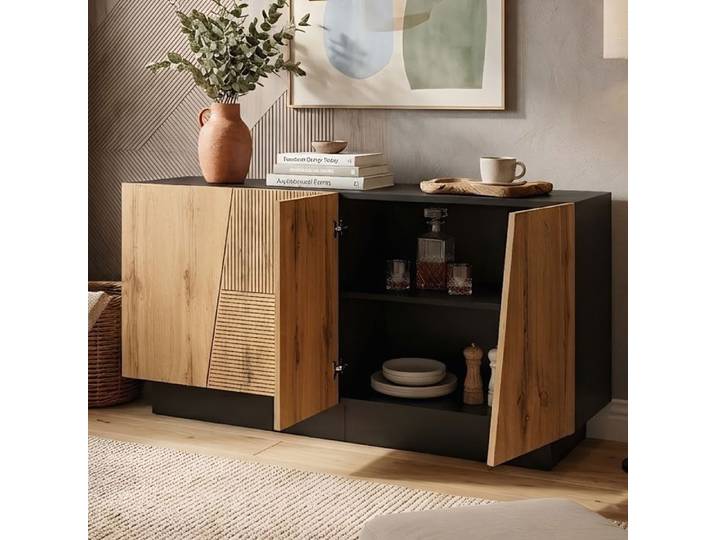 Buffet 160x40x72 cm - Grand espace de stockage - Étagères réglables - Design géométrique chic - Noir et Bois