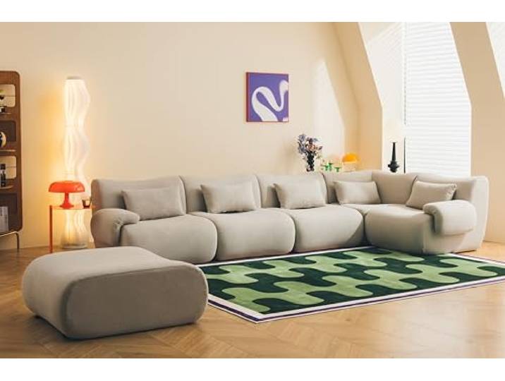 MILYsofa Modulares Wohnlandschaft, 5-Sitzer mit Ottomane, Bouclé-Stoff Steinbeige, Abnehmbare Kissenbezüge (Steinbeige, Wohnlandschaft)
