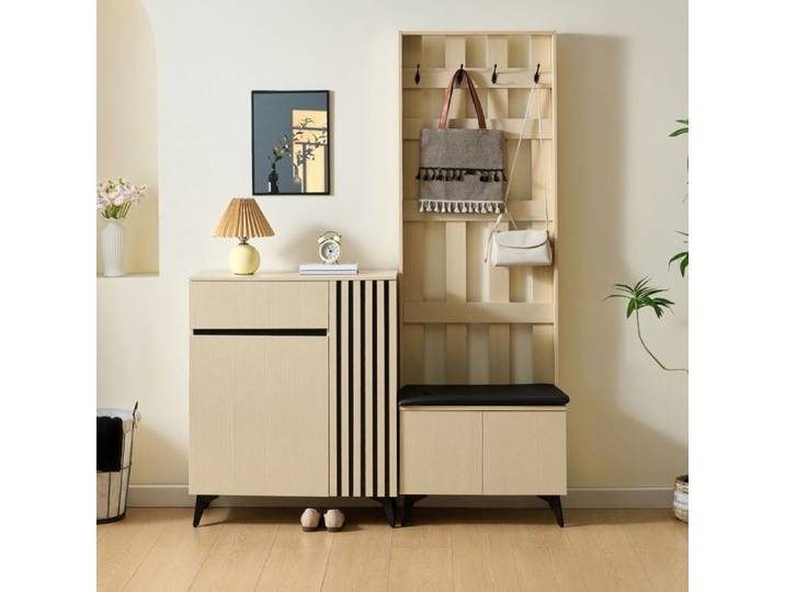 Ensemble Meuble d'Entrée 2 Pcs - Vestiaire Garderobe avec Banc 60cm et Buffet Meuble à Chaussures 75cm 1 Tiroir - Bois