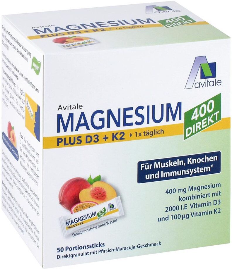 Avitale Magnesium 400+D3+K2 Direktsticks Pfirsich-Maracuja-Geschmack