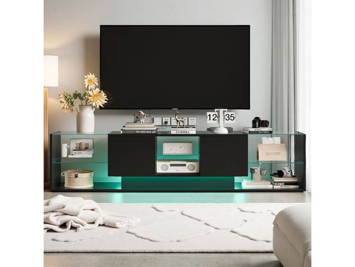 Meuble TV flottant Comanlai avec éclairage LED, meuble multimédia brillant, unité de divertissement murale, 2 portes, 6 étagères, console TV moderne