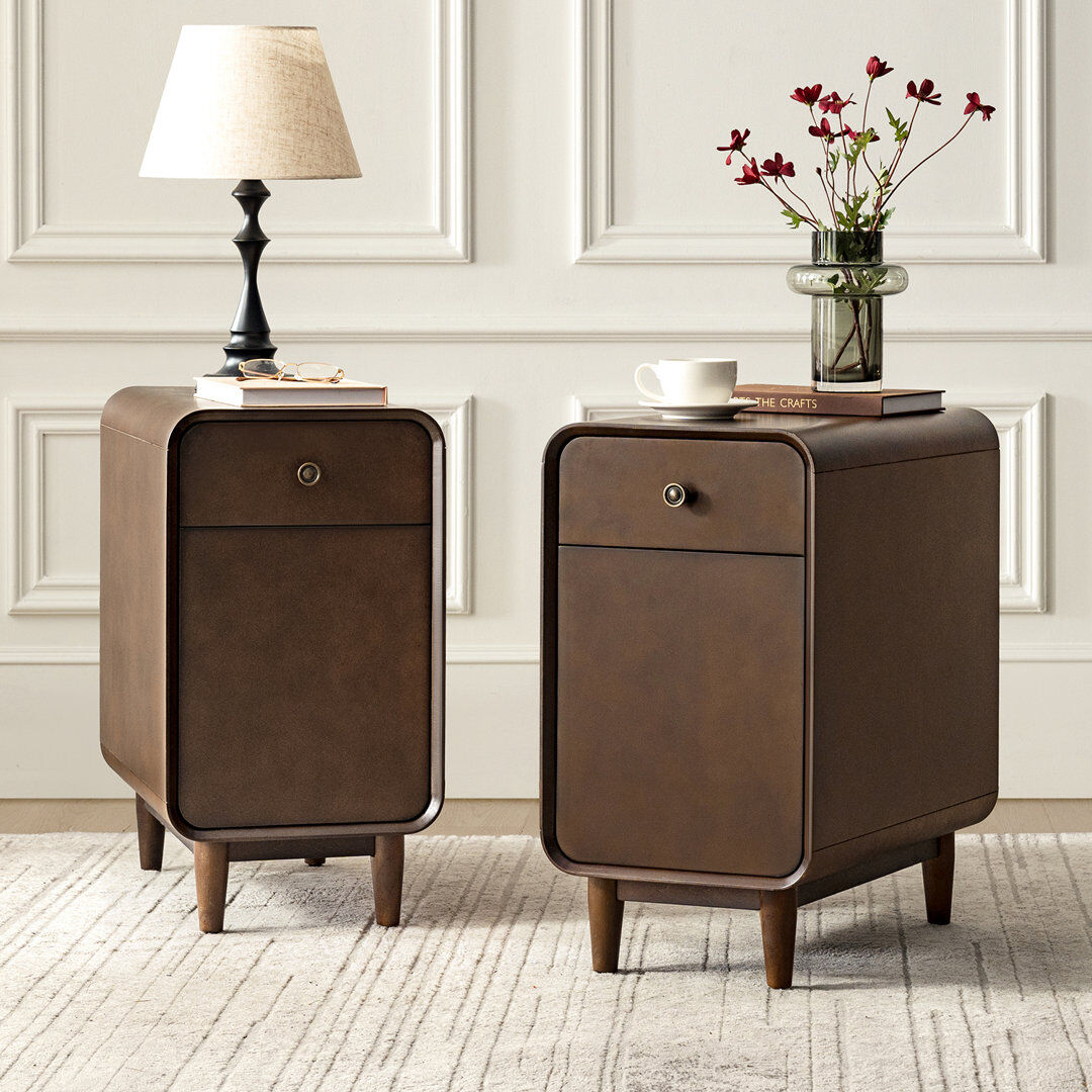 Rosalind Wheeler Elmaz MCM Solid Wood 1-Drawer And Legs End Table With Backside Magazine Rack Set of 2 Walnut 66.55cm H X 60.33cm W X 35.81cm D