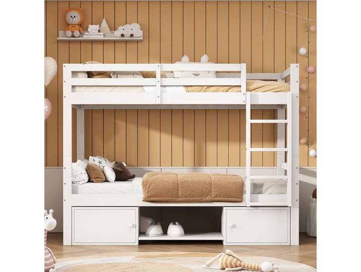 Lit Superposé Enfant - MERAX - 90x200 cm - Blanc - Rangement Intégré - Design Modulable
