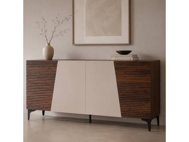 Sideboard HWC-Q83, Staufächer MDF Melamin 80x160x42cm - Walnuss-Optik Kommode, Schrank, Türen, 3D-Struktur