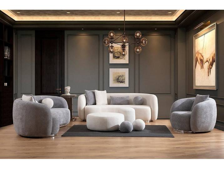 JVmoebel Sofa Exquisites graues Sofa Set aus robustem Holz und weichem Textil, Set 4 Teile, Made in Europa