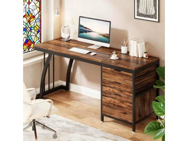 TOPESCT Bureau d'ordinateur à 3 tiroirs bureau PC de 150cm avec tiroirs poste de travail de style industriel avec rangement