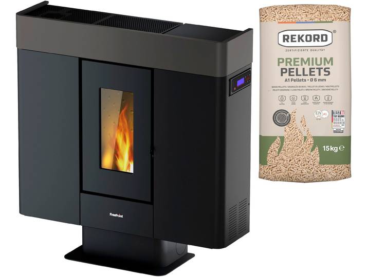 Pelletofen FREEPOINT Moon airtight , schwarz, Kaminöfen, Pelletofen, kanalisierbare Warmluft, WIFI inklusive, raumluftunabhängig