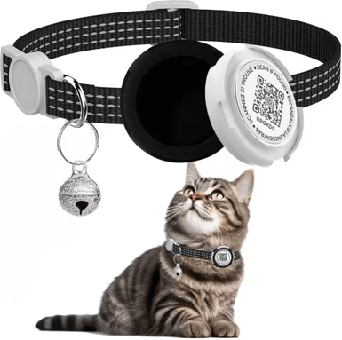 Inspire Picks Reflective Cat Collar With Air Tag Holder And QR ID Tag For Dual Pet Protection black