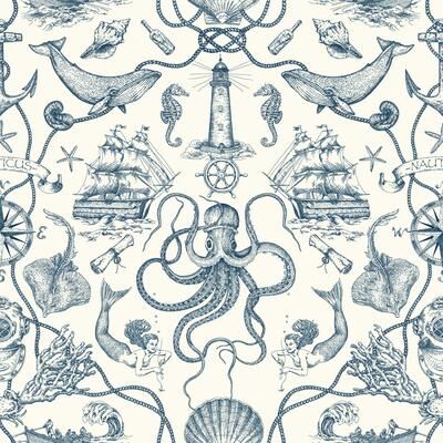 York Wallcoverings Deep Sea Toile Blue Wallpaper