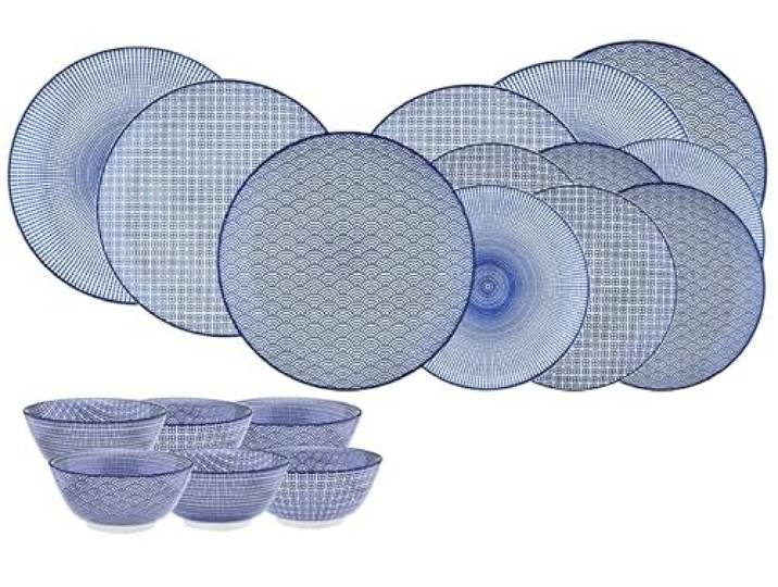 BJORN Geschirrset Les Essentiels – Geschirrset 6 Personen aus emailliertem Porzellan, Teller & Schalen im Mix-and-Match Design, Kollektion PATTERN Dark Blue