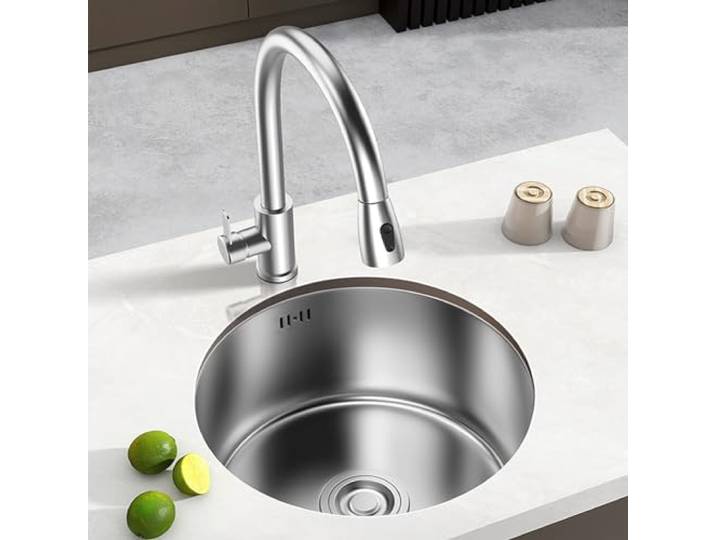 ZQFHSX Küchenspüle, Einzelbecken, Edelstahl, abgerundetes Becken mit ausziehbarer Armatur, Unterbau- oder Aufsatzmontage, für Café, Bar, Wohnmobil (28x28x17cm)