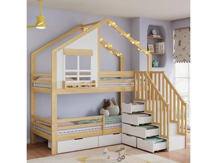 Merax Etagenbett Kinderbett 90x200 cm, Hochbett Hausbett mit Rausfallschutz & 2 Lattenrost, Platzsparendes Stockbett mit Stauraumtreppe & 2 Schubladen, Baumhausbett mit Dach & Fenster, Weiß & Natur