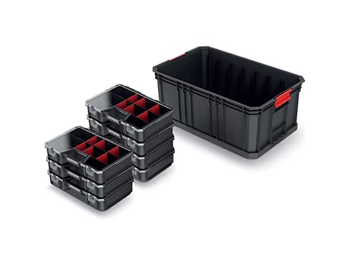 Kistenberg Boîte d'assortiment Magasin pour petites pièces Set de 7 pièces Caisse à outils Caisse de rangement\, boîtes de tri avec séparateurs\, montage mural\, Modular Solution 520 x 329 x 210 mm