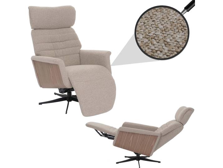 MCA Relaxsessel HWC-N56, Fernsehsessel Liegesessel Fußstütze drehbar Bouclé Stoff Holz Stoff braun, Holz Walnuss-Optik