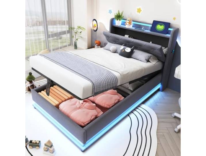 Ropilly Kinderbett mit LED Polsterbett Leinenstoff Hydraulischer Stauraum Jugendbett für Schlafzimmer