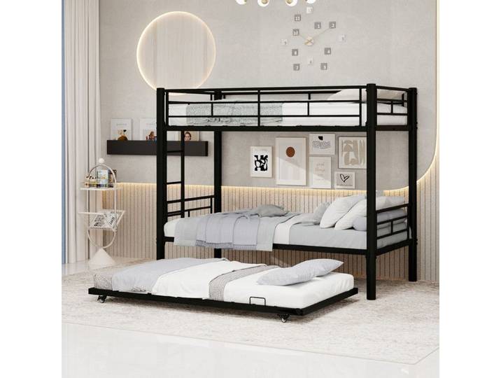LEMLIT Lit Superposé en Métal 2x90x190 cm avec Lit Gigogne 90x190 cm 3 Couchages échelle et Barrière de Sécurité Noir