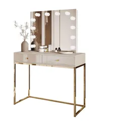 SCHMINKTISCH BLANCO KASCHMIR ELITE mit Spiegel und Beleuchtung goldener Chrom goldener Griff