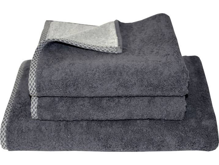 Handtuch Set DYCKHOFF Golden Shades Rhomb , grau (graphit), 3 Stk., Walkfrottier, Walkfrottier, Obermaterial: 100% Baumwolle, Handtuch-Sets, Handtuch Set, 2 Handtücher (50x100cm), 1 Duschtuch (70x140cm)