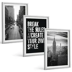 BILDER SET 3er Set - 40x60 cm Silberner Rahmen - Inspiration für Schwarz-Weiß-Darstellungen von Stadtstraßen