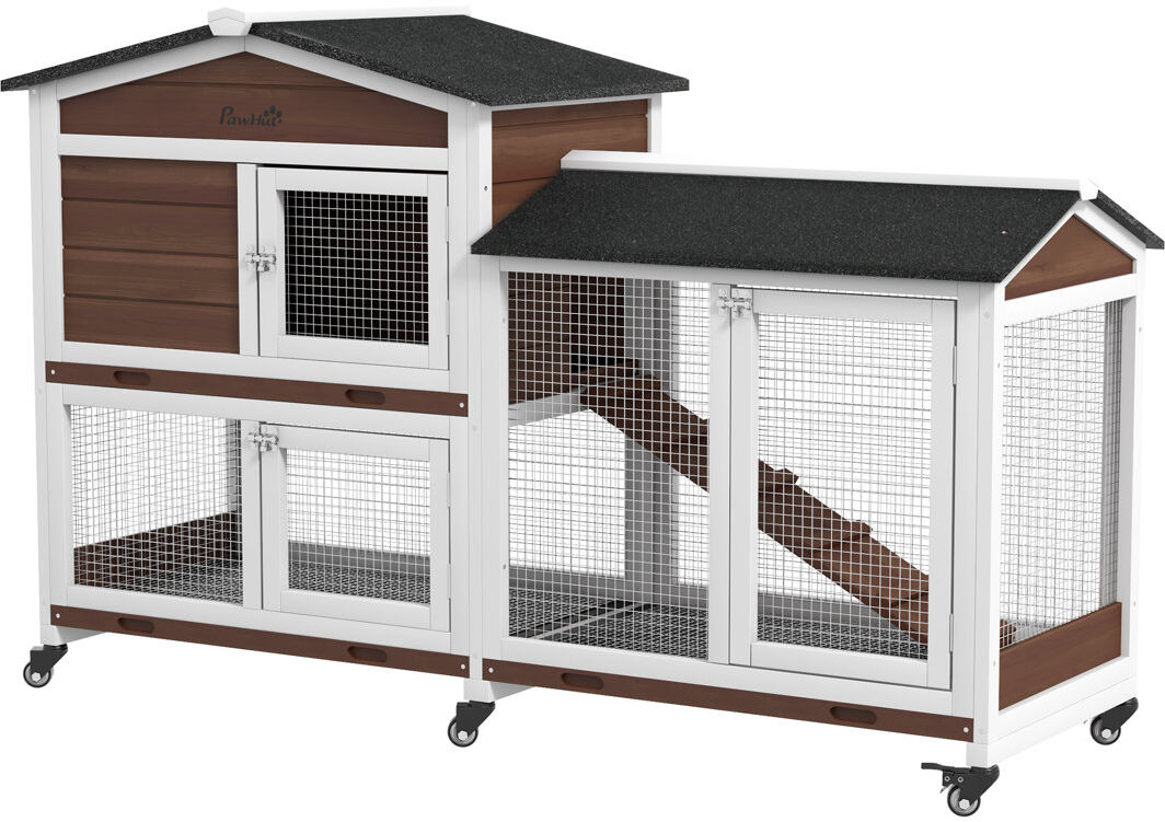 PawHut Rabbit Hutch Bunny Cage Outdoor 2-Tier with Wheels & Tray Brown Natural 252.73cm H X 134.62cm W X 399.8cm D