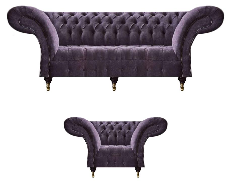 Lila Chesterfield Wohnzimmer Stoffcouchen Polster Möbel 2tlg Luxus Set