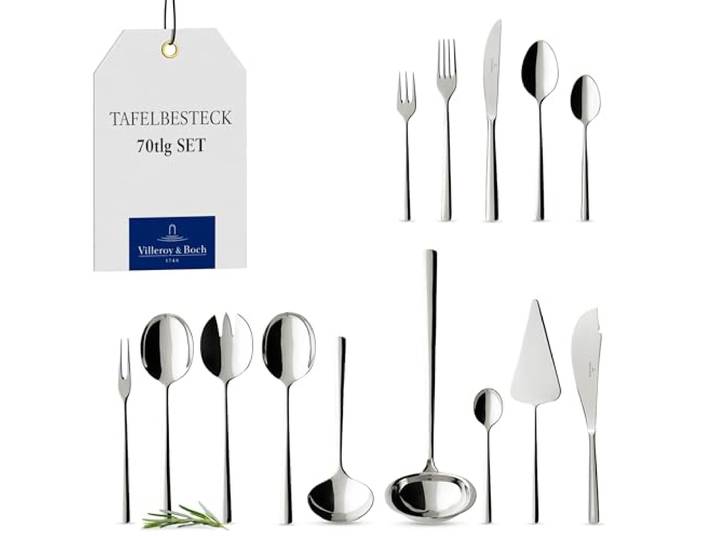 Villeroy & Boch - Piemont Besteckset 70-teilig Silber Spülmaschinenfest, Besteck Set für 12 Personen, Besteckset Platin, Besteck, Edelstahl