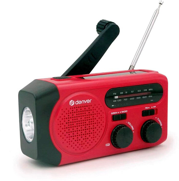 Denver Nødradio m. Indbygget Solcelleopladning & AM / FM Radio & Lommelygte - Rød
