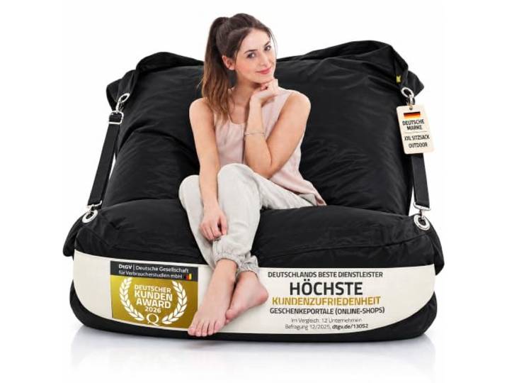 SMOOTHY® Sitzsack XXL Outdoor 450L Riesensitzsack Erwachsene Schwarz Rücken perfekt gestützt durch 2 Gurte, wasserabweisendes 420D-Nylon, Innensack mit EPS-Perlen, Balkon Sessel für Kinder