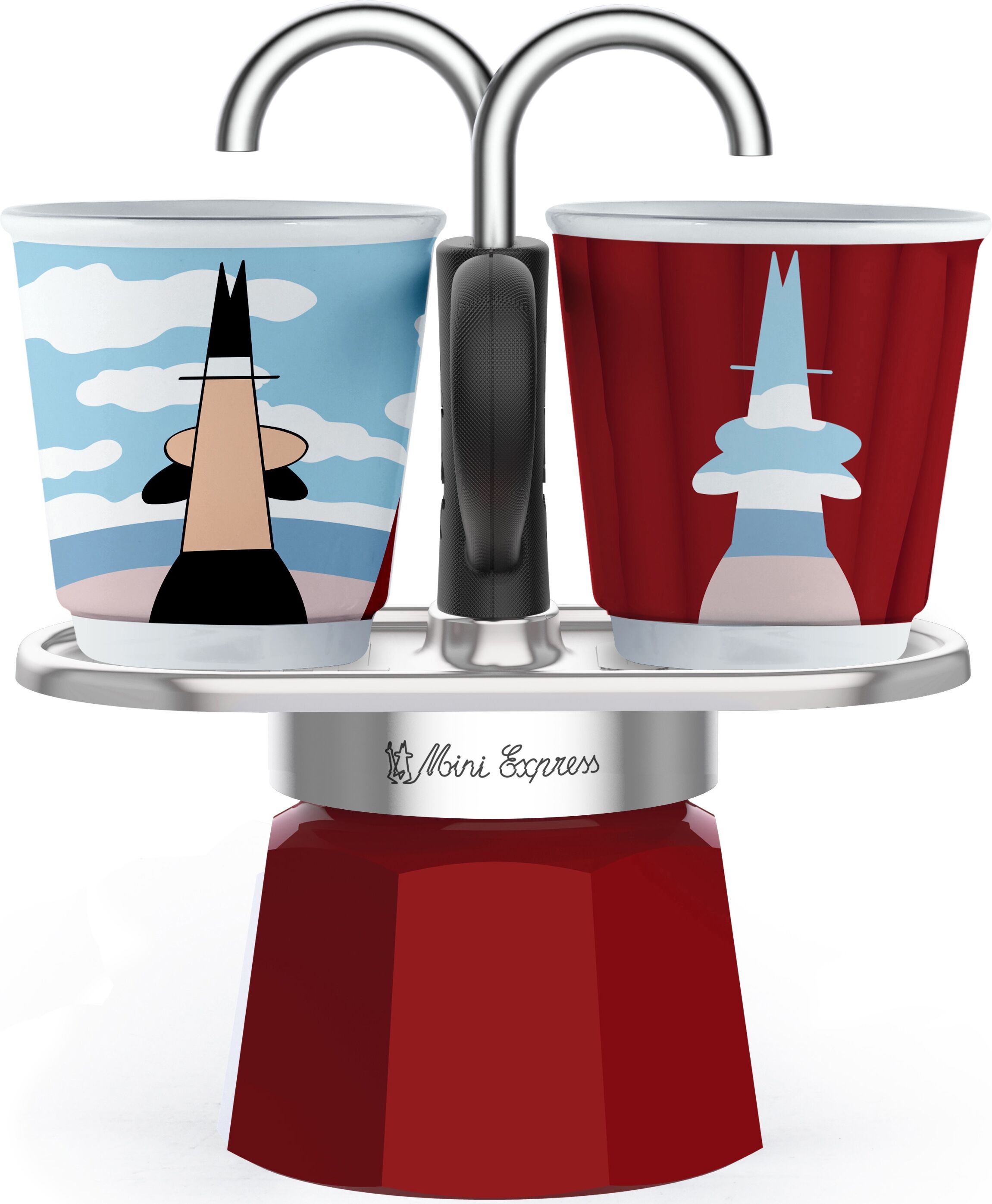 Espressokocher BIALETTI "Mini Express Magritte", rot (aluminiumfarben, dunkelrot), 0,09 l, 2, Kaffeemaschinen, Espressokocher, (1 Espressokocher + 2 Espressobecher, 90 ml)