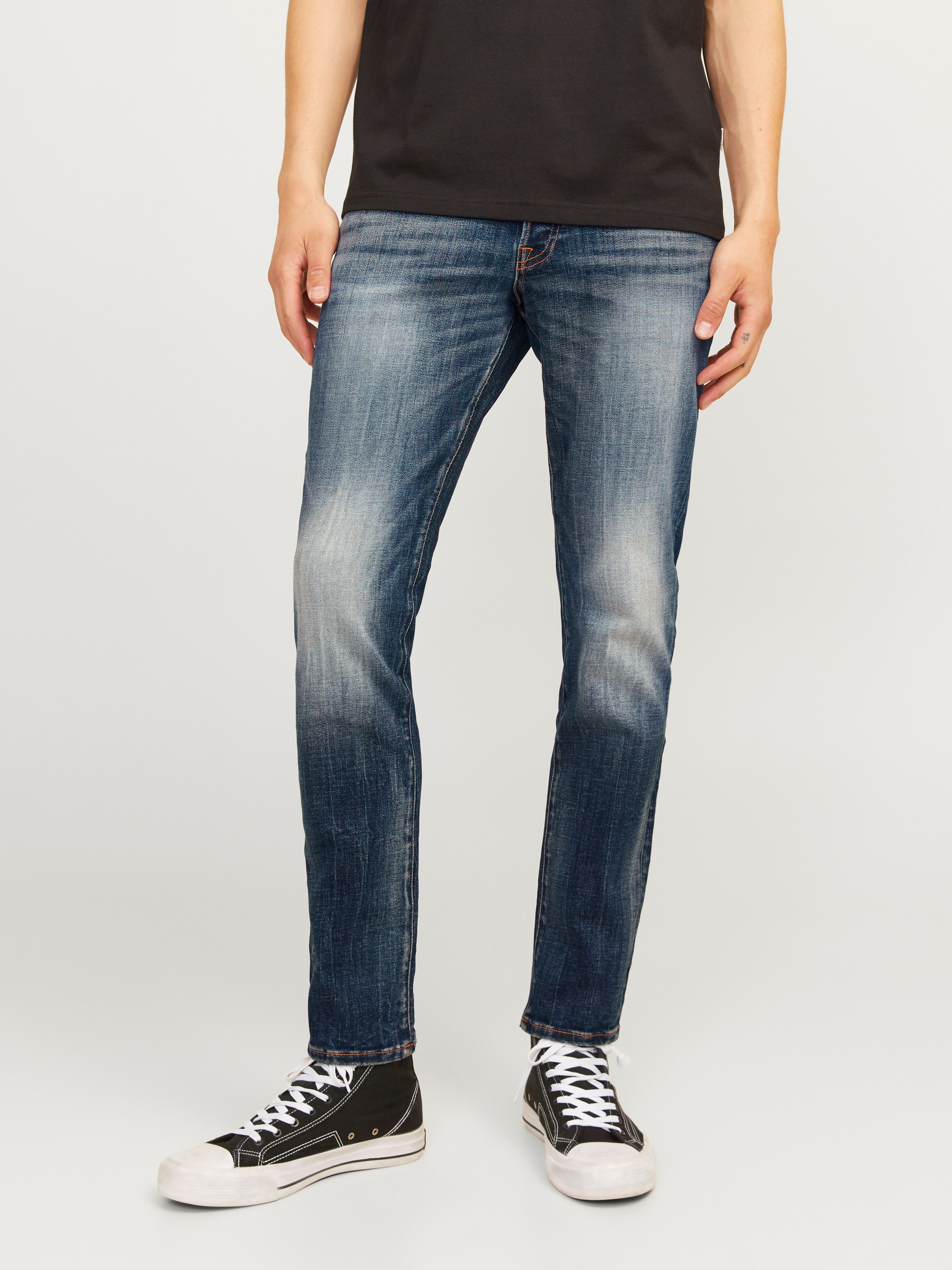Slim-fit-Jeans JACK & JONES "JJIGLENN JJLUKE GE 938 NOOS", Herren, Gr. 31, Länge 34, blau (mid blau denim), Denim/Jeans, Obermaterial: 98% Baumwolle, 2% Elasthan, Abriebeffekte, slim fit knöchellang, Jeans Slim-fit-Jeans mid blau denim 31, Länge 34