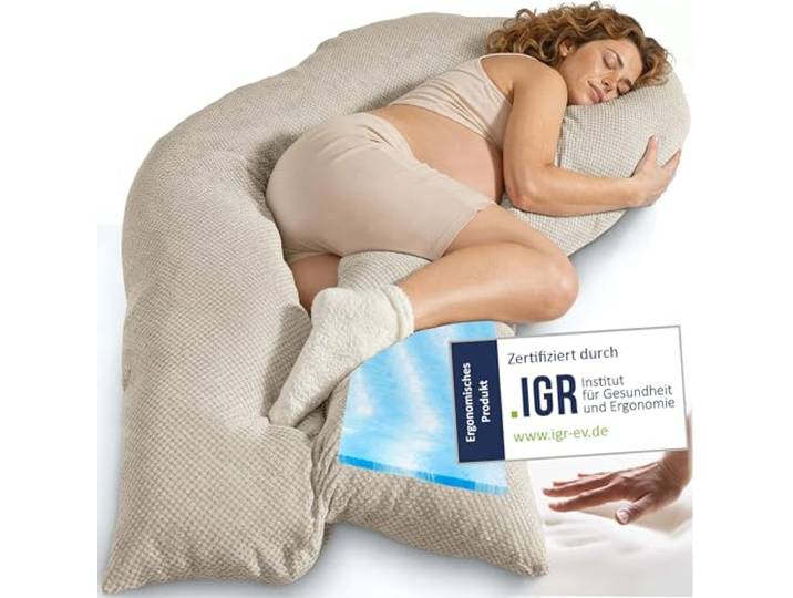 Traumreiter Schwangerschaftskissen Visco XXL langes Wendekissen Memory Foam [orthopädisch] + Watte Schwangerschaft Kissen zum Schlafen, Stillkissen mit Bezug Leinen-farbig, Ergonomie Zertifiziert