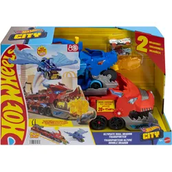 Hot Wheels City Hot Wheels ultimativer 2-in-1 Drachentransporter und 2 Spielzeugautos im Maßstab 1:64