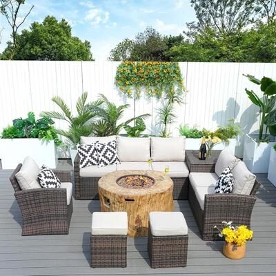 Direct Wicker 7-piece Patio Wicker Garden Chat Sofa Set with Fire Pit Table and Storage Box