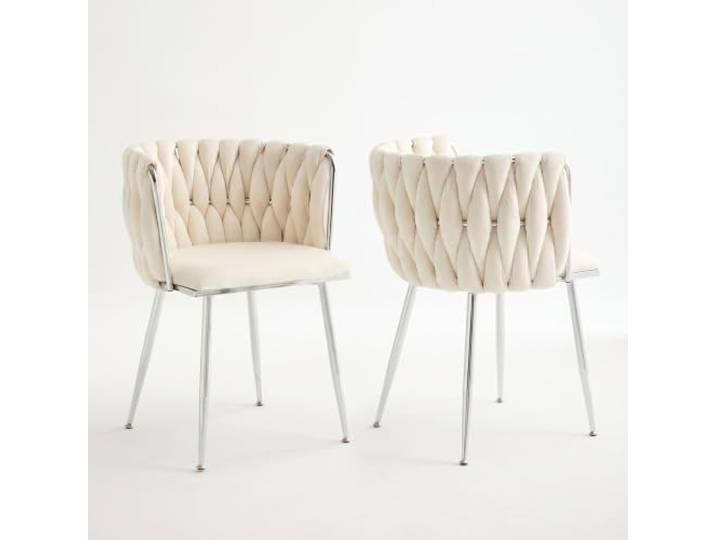 FurnitureR 2er Set Esszimmerstühle, Ivory Samtoptik, Metallbeine Ivory-Polster, geflochtene Rückenlehne und silberne Metallbeine verbinden Komfort mit elegantem Design
