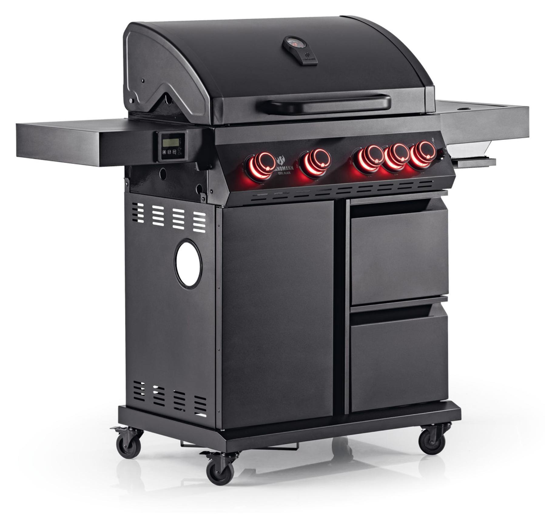 LANDMANN Gasgrill COOL BLACK 4.1 maxX | 4 Brenner | maxX-Zone bis zu 800 °C | Thermometer und Kerntemperaturanzeige | Schwarz