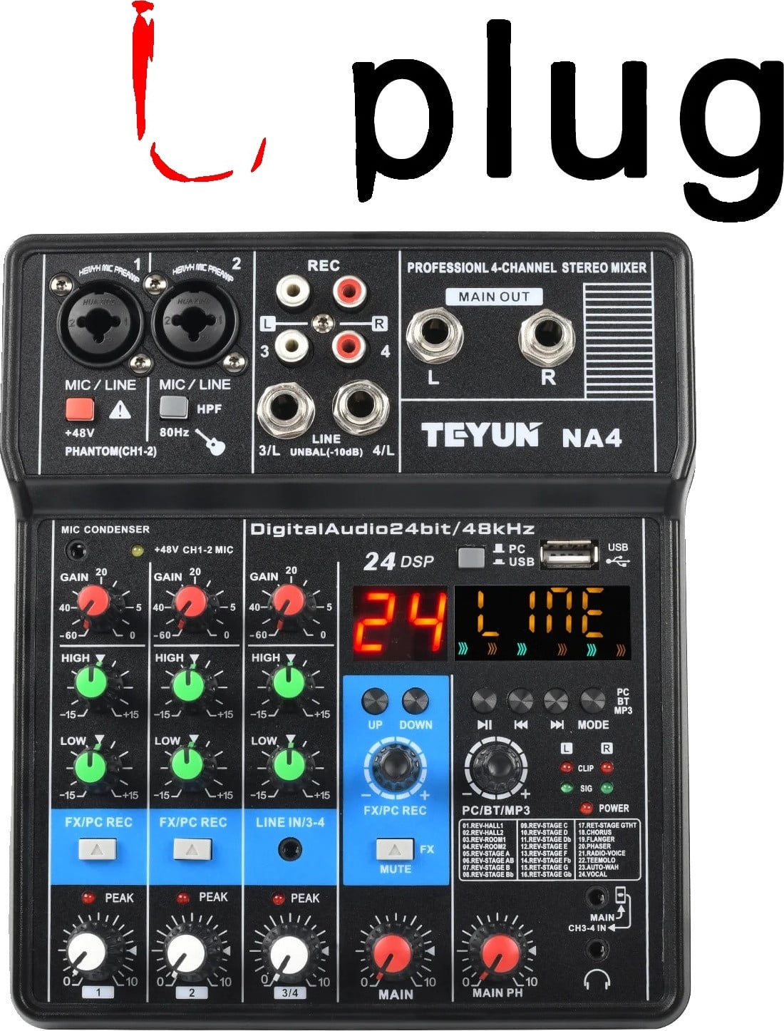 TEYUN Audiomixer met 4 kanalen en Bluetooth-verbinding