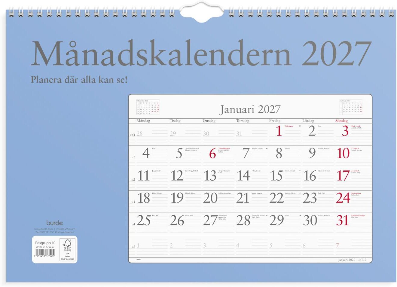 BURDE Väggkalender Månadskalendern 2027