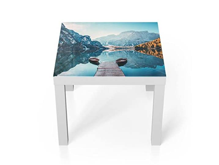 DEQORI Glastisch weiß klein 55x55 cm Motiv Blick auf Lago di Braies ausgefallener Beistelltisch aus Glas Hochglanz Couchtisch fürs Wohnzimmer moderner Couch Tisch mit Design